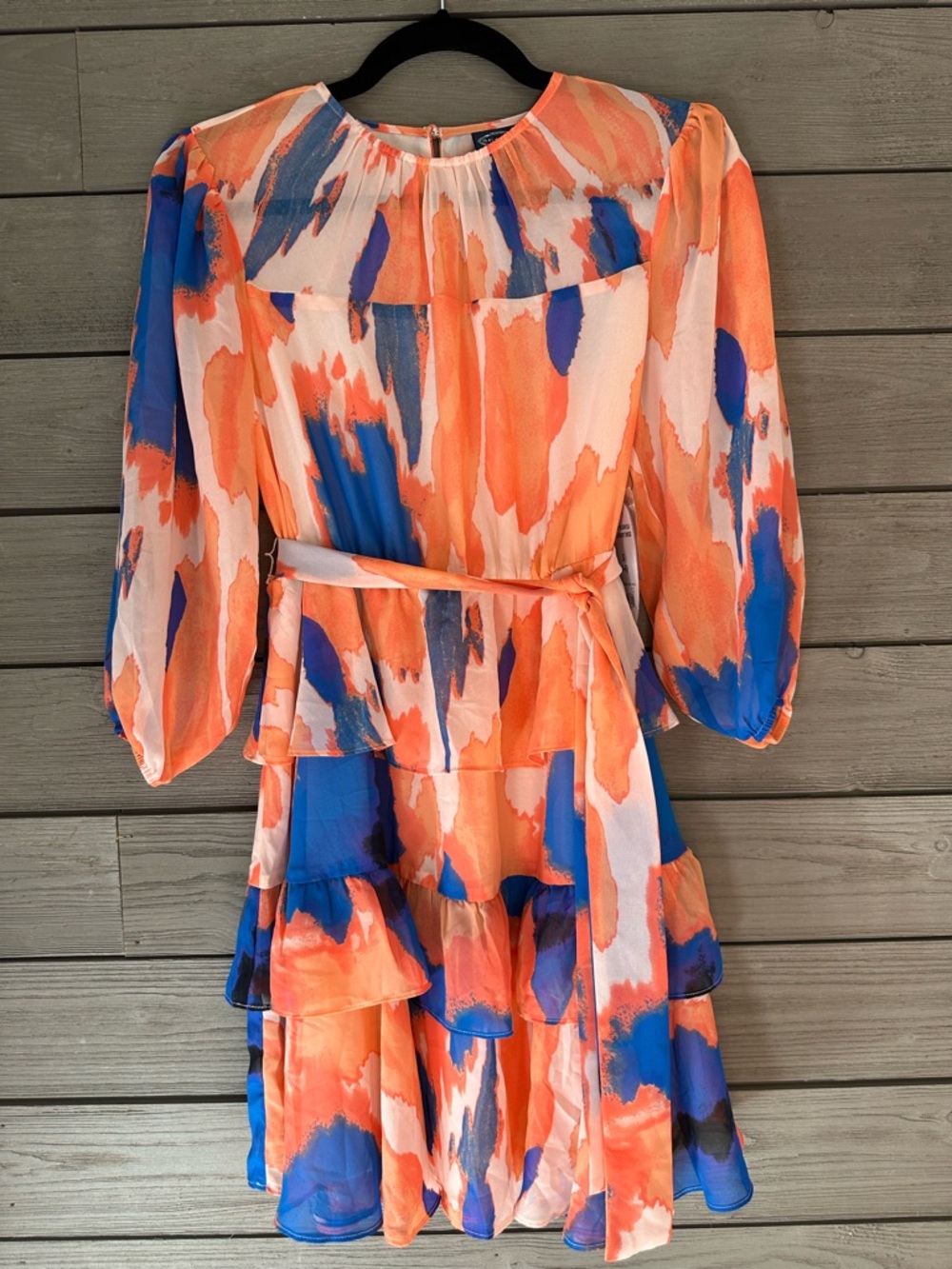 NWT Scoop Tiered Long-Sleeve Mini Dress in Peach Orange & Blue Size Small 4-6